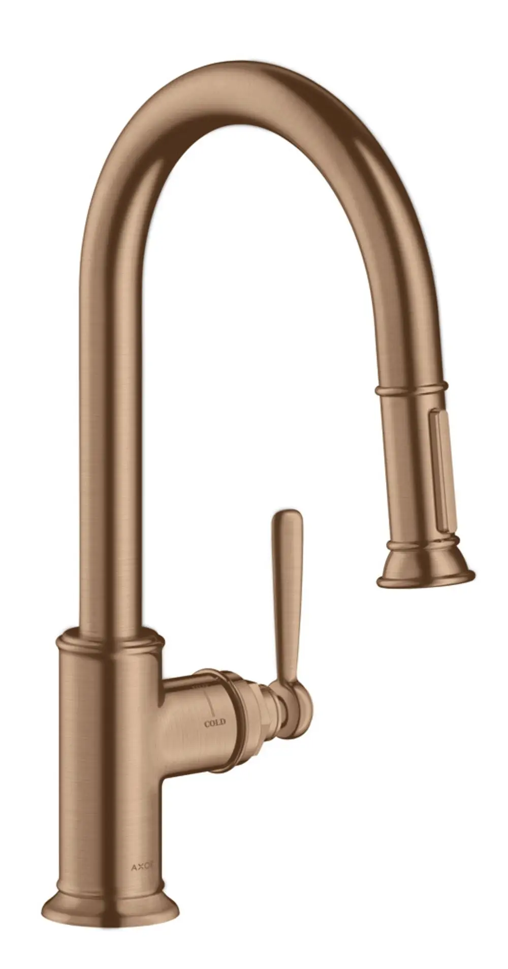 Einhebel-Küchenmischer mit Ausziehbrause in Brushed Red Gold-Finish, gefertigt von AXOR, zeigt einen geschwungenen Auslauf und einen seitlichen Hebel zur Steuerung des Wasserflusses.